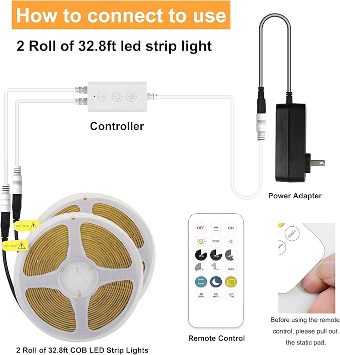 65.6ft COB LED Strip Light Warm White, High Bright LED Strips with 320LEDs, RF Remote and UL Power Supply, 3000K Dimmable LED Lights for Bedroom,Kitchen, DIY Home Decoration, 2 Rolls of 32.8ft