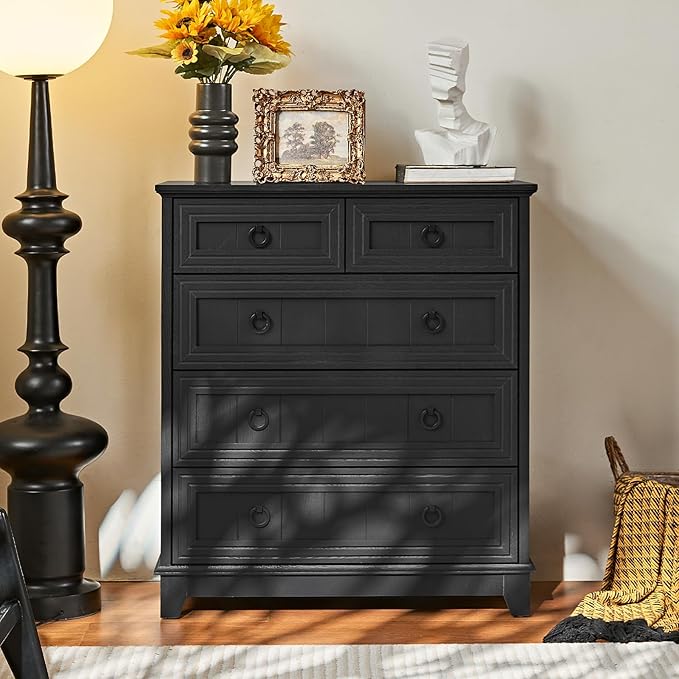 Farmhouse 5 Drawer Dresser for Bedroom Set of 2, 33.2" Tall Small Dressers & Chest of Drawers, Rustic Wood Dresser with Metal Handle, Storage Organizer Closet for Living Room, Hallway,Entryway