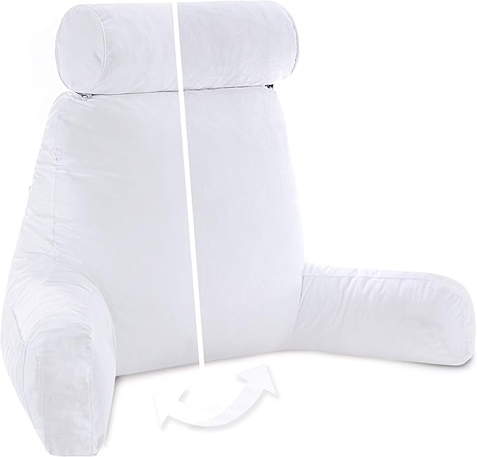 Husband Pillow XXL Aspen Edition - Adult Reading Bed Rest Pillow with Arms & Detach Neck Roll on Bungee Cord - Premium Memory Foam, Reversible 2 Sided Covers Micro Suede or Plush, White Dandelion