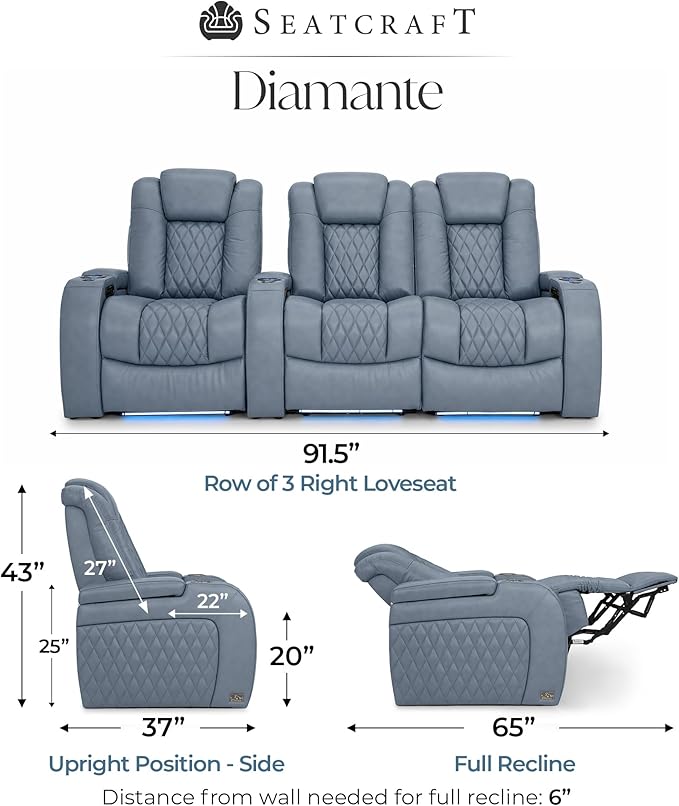 Seatcraft Diamante Zero-Gravity CoolZero Italian Leather Home Theater Seating, Power Headrest, Power Recline, Row of 3 Right Loveseat, Smokey Blue