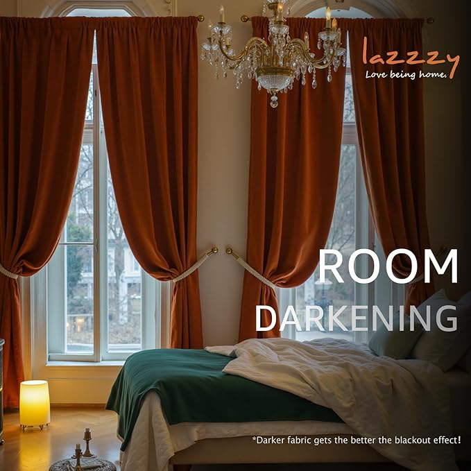Lazzzy Velvet Blackout Curtains Thermal Insulated Room Window Drapes Super Soft Luxury Curtains for Living Room Bedroom Rod Pocket 2 Panels, Burnt Orange, 52" W x 90" L