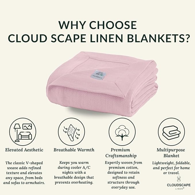 Cloud Scape Linen 100% Cotton Blanket King 92x108 Seashell Pink- Cozy Herringbone Weave, Fits Up to Cal King Beds, Breathable Softness, All-Season Warmth, Heavy Layering Winter Blanket