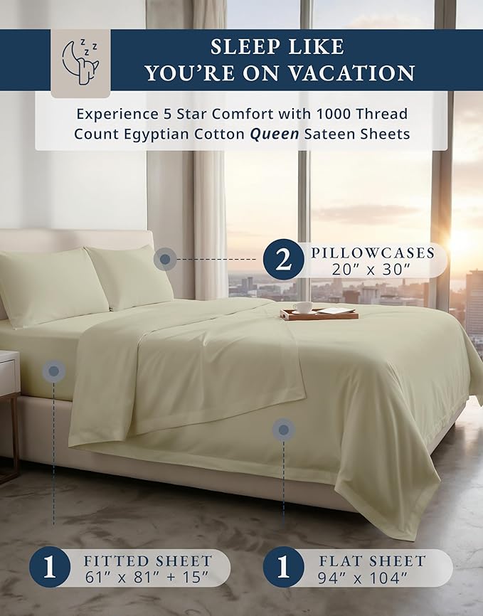 100% Egyptian Cotton Queen Size Sheets – Premium 1000 Thread Count Sheets, 15" Deep Pocket Queen Sheet Set, Silky Sateen Weave, Breathable & Fade Resistant, Soft Luxury Bedding For Holiday Home -Linen