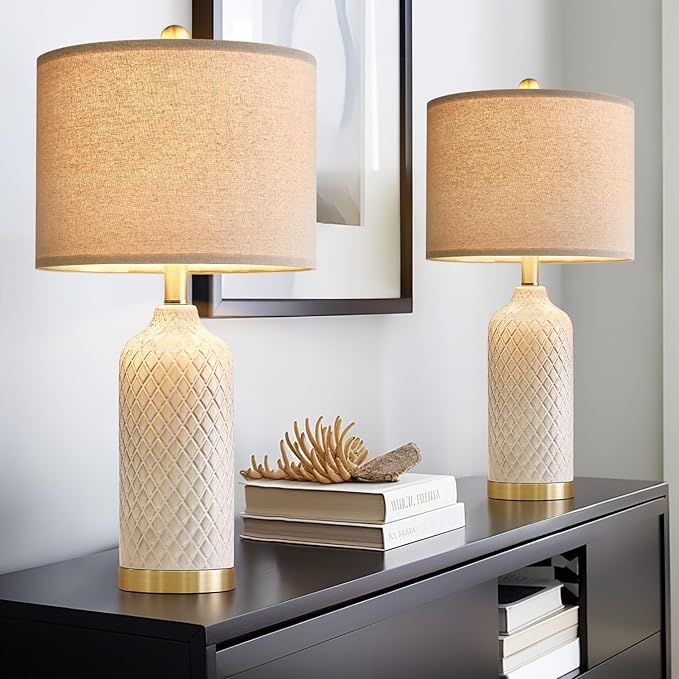 24.25" Table Lamps Set of 2 Modern Ceramic Lamps for Living Room Bedside Lamps Gold for Night Stands Boho Bedroom Lamp Farmhouse Side End Table Lamps
