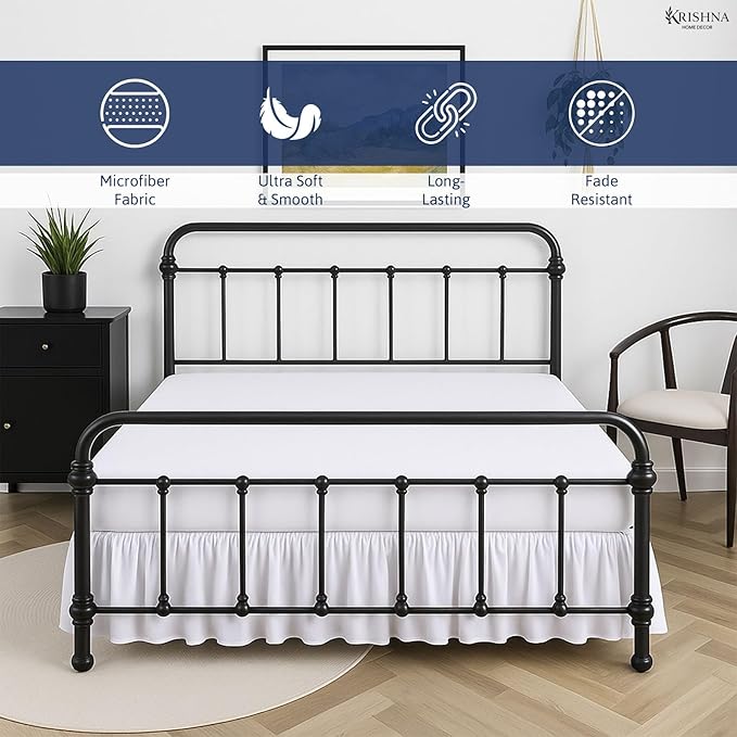 KRISHNA Ruffled Bed Skirt with Split Corners Twin, 100% Microfiber Hotel Quality, 14 Inch Drop Dust Ruffle Gathered Bedskirt with Platform, 39" x 75", White