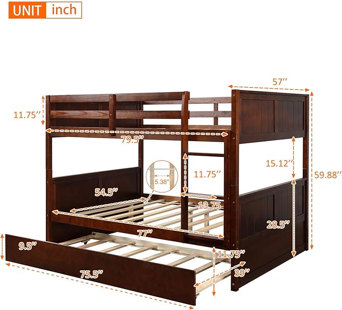 STERXONE Best Thicken Solid Wood Full Over Full Bunk Bed with Trundle, Luxurious Bunk Bed Frame Full Size with Safety Guard Rail and Ladder, Convertible to 2 Beds for Adults, Teens (Walnut)