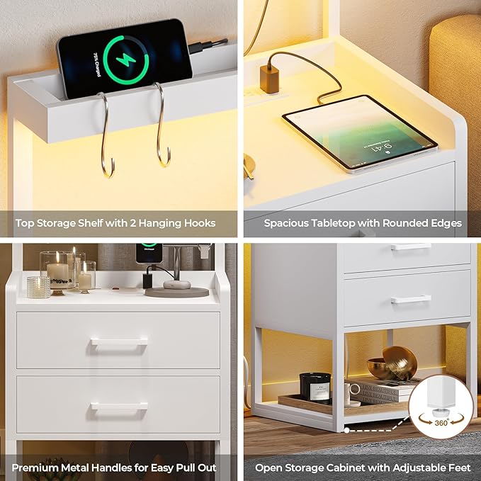 VIAGDO Nightstand with Charging Station and LED Lights, White Bedside Night Stands with 2 Drawers and Open Storage Shelves, Modern End Side Tables for Bedroom, Office