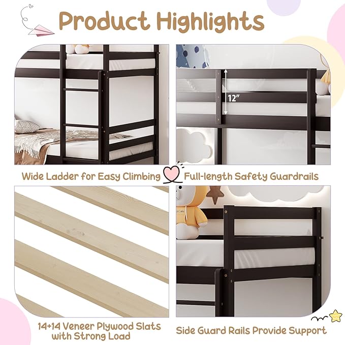KOMFOTT Wood Bunk Bed Twin Over Twin, Bunk Bed with Ladder & Safety Guardrail, Solid Wood Bed Frame, Ideal for Dormitory & Multiple-Child Family, No Box Spring Needed, Kids Twin Bed