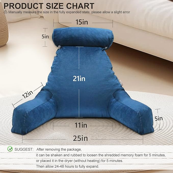 mittaGonG Reading Pillow for Sitting in Bed Adult with Detachable Neck Roll & Big Backrest Pillow for Bed Sitting up with Arms Side Pocket Shredded Foam Back Pillows Chair Pillow with Washable Cover