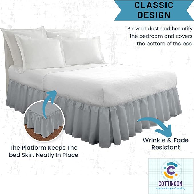 Ruffled Bed Skirt with Split Corners-Dust Ruffle - 12" Drop 100% Microfiber Soft,Sheen & Luxurious Look - Bed Skirts (Light Grey -Queen)