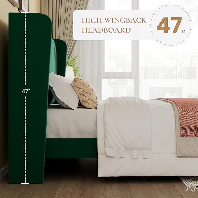 SHA CERLIN King Size Velvet Upholstered Platform Bed Frame with Vertical Channel Tufted Wingback Headboard, Wooden Slats Support, Easy Assembly, Under Bed Storage, No Box Spring Required, Green