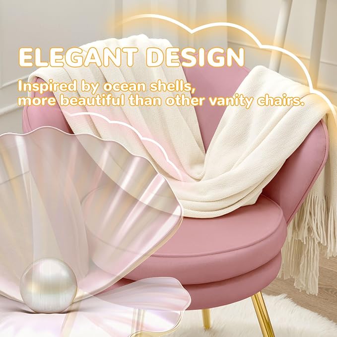 Velvet Vanity Chair with Back, Mid-Century Modern Small Accent Chair for Living Room, Golden Metal Legs Upholstered Makeup Chair, 1Pcs Bedroom Armchair, Pink
