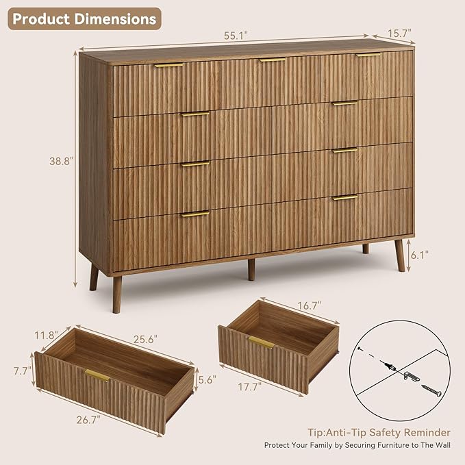 CARPETNAL Fluted 9 Drawer Dresser for Bedroom, 55" Wide Wooden Chest of Drawers with Rounded Corners, Gold Handles, Modern Storage Organizer for Bedroom, Hallway(Walnut)