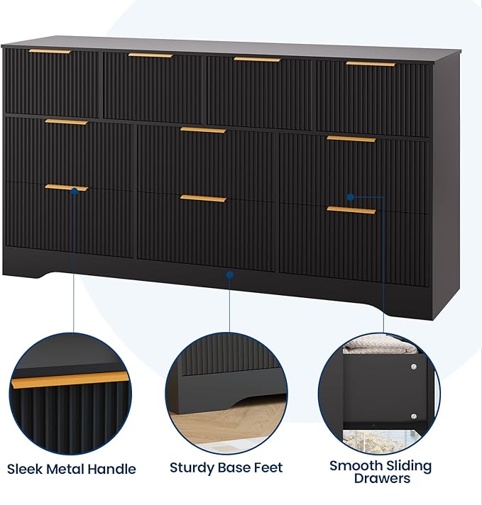 GarveeHome Fluted Dresser for Bedroom with 10 Drawers, 59" Wide Modern Chest of Drawers with Wood Frame, Dresser TV Stand Wooden Closet Clothes Storage Organizer for Living Room, Hallway
