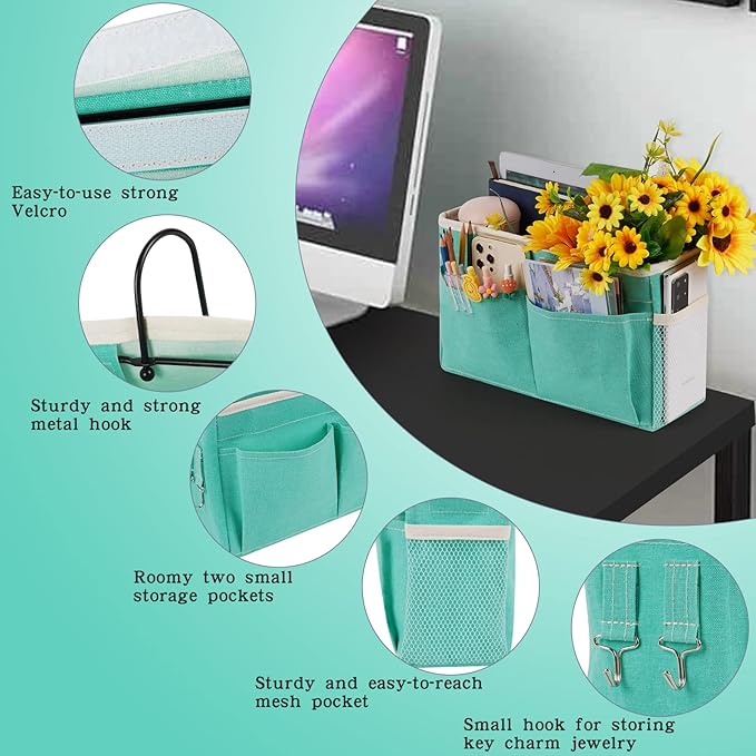 Retyion Bedside Caddy Bedside Storage Organizer Hanging Bunk Bed Dorm Room with Side Pockets for Water Bottles, Books, Cell Phones, Headphones 2 Pack (Light Blue)