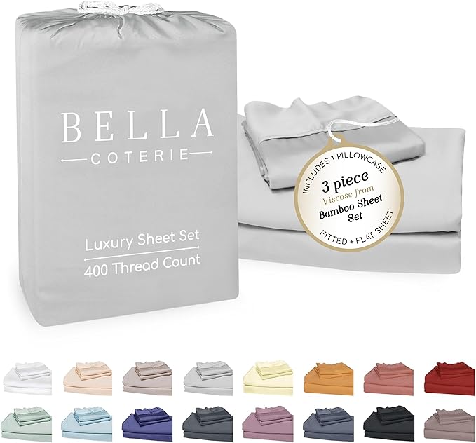 Bella Coterie Luxury Bamboo Viscose Twin Size Sheet Set | 100% Organically Grown | Ultra Soft | Cooling for Hot Sleepers | 18" Deep Pocket [Grey Mist]