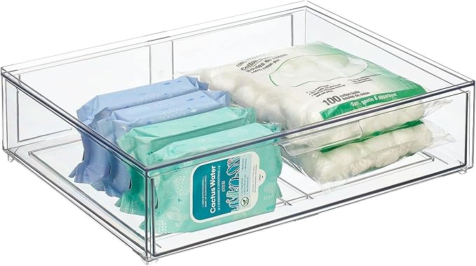 mDesign Wide Plastic Stackable Bathroom Storage Organizer Bin with Pull Out Drawer for Cabinet, Vanity, Shelf, Cupboard, Cabinet, Countertop, Closet Organization - Lumiere Collection - 2 Pack - Clear