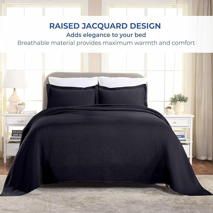 Superior 100% Cotton Basket Weave Bedspread with Shams, All-Season Premium Cotton Matelasse Jacquard Bedding, Quilted-Look Geometric Basket, Full, Navy Blue