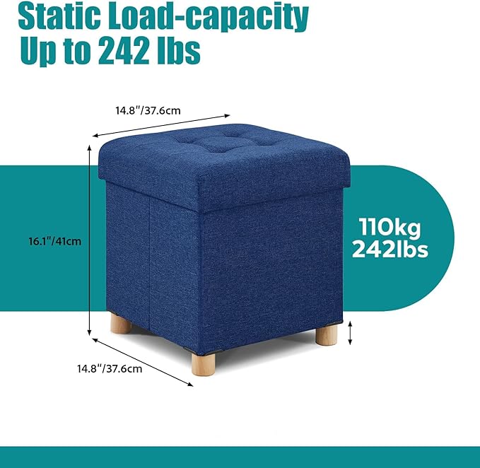 BRIAN & DANY Ottoman with Storage, Small Storage Ottoman for Dorm, Linen Folding Ottoman Foot Stool with Legs for Living Room and Bedroom, 14.8"x14.8"x16.1" - Blue