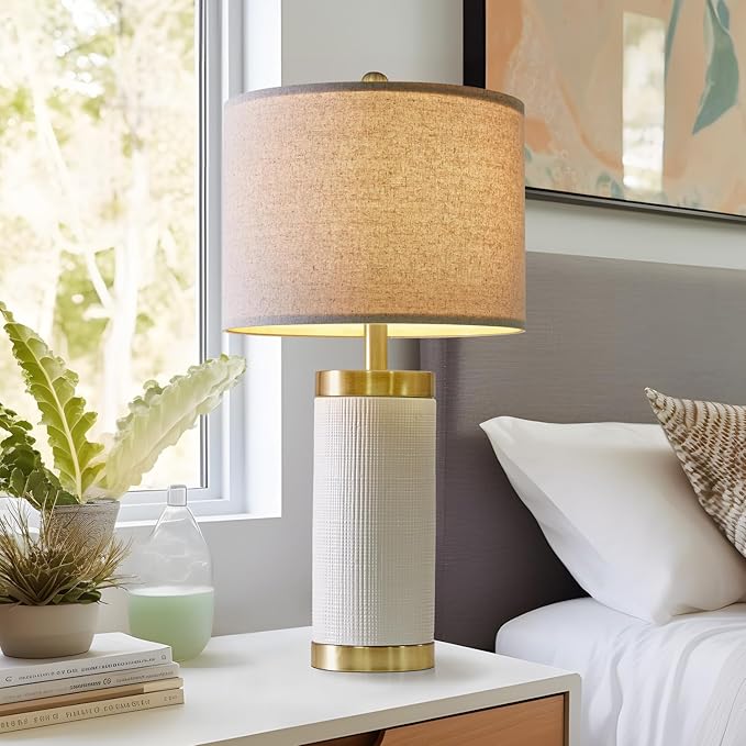 24.5" Modern Ceramic White Bedside Lamp for Bedroom Decor Farmhouse Table Lamp for Living Room Office Dorm