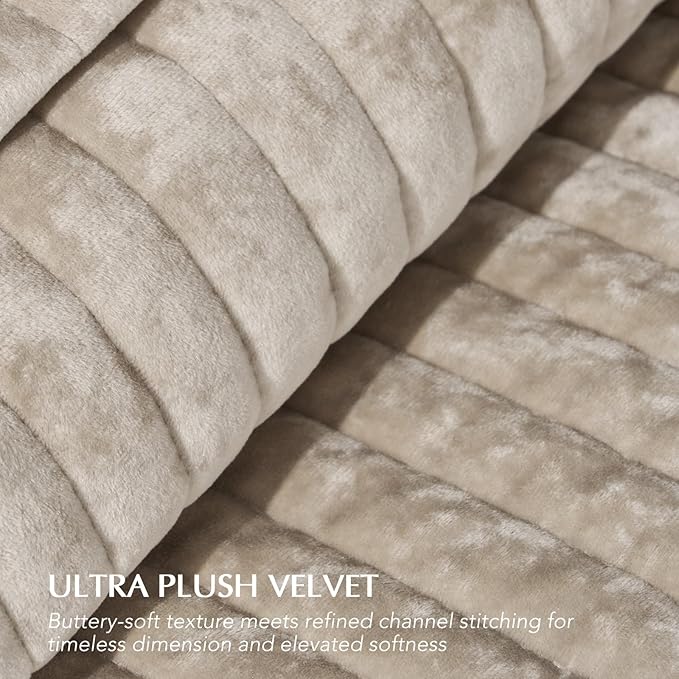 EVERGRACE Velvet Quilt Set Queen Size, Luxurious Soft Striped Channel Bedding Set, Lightweight Velvet Comforter for All Season, Oversized Bedspread Coverlet with 2 Matching Shams, Beige Taupe