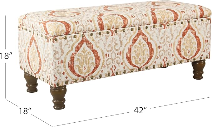 HomePop Large Storage Bench with Nailhead Trim -Orange and Cream Medallion