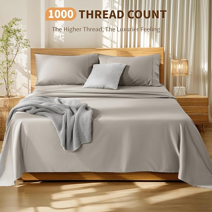 LBRO2M 100% Cotton Sheets Set Deep Pocket 19", 1000 Thread Count King Size 4 Piece Bed Sheet Sets Soft Comfortable Bedding All Season (King, Taupe)