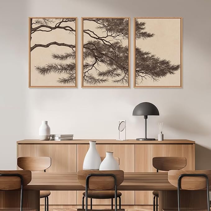LHIUEM Large Vintage Pine Tree Branch Framed Canvas Wall Art,Sketch Botanical Wall Decor,Nature Plant Artwork,Brown Antique Etching Art Prints for Living Room,Bedroom,Office- 24"x36"x3