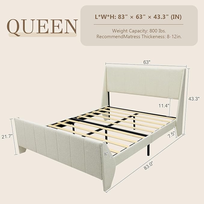 Brafab Queen Boucle Upholstered Bed Frame with Wingback Headboard, No Box Spring Needed, Easy Assembly, Platform Bed with Wooden Slats, Beige(Queen (U.S. Standard))