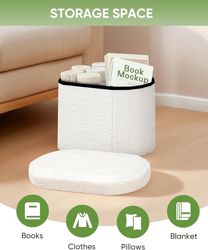 B FSOBEIIALEO Storage Ottoman for Dorm Room, Boucle Folding Storage Ottoman Foot Rest, 16.14 Inches Small Collapsible Ottoman Cube for Living Room White