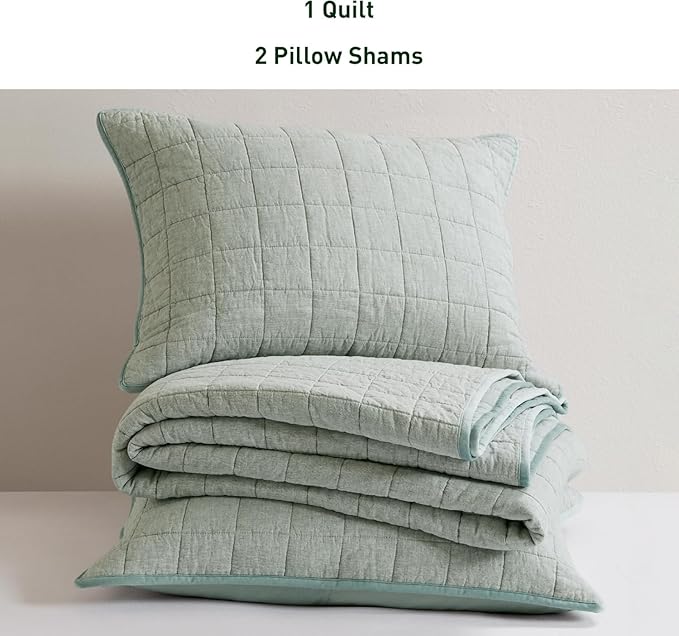 Hyde Lane Luxury Linen Quilt Set King Size, European Flax Cotton Blend Bedding for Bedspread and Coverlet, Box Stitched, with 2 Pillow Shams, 106"x96", Sage