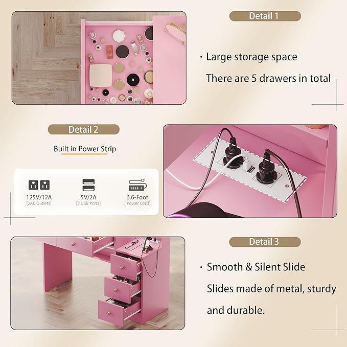 Makeup Vanity with Lights & Charging Station, Pink Vanity Table with 5 Drawers & Open Storage Shelves, Vanity Desk with Mirror & Lights, Dressing Table Set, Bedroom Makeup Table Set Gold Handle