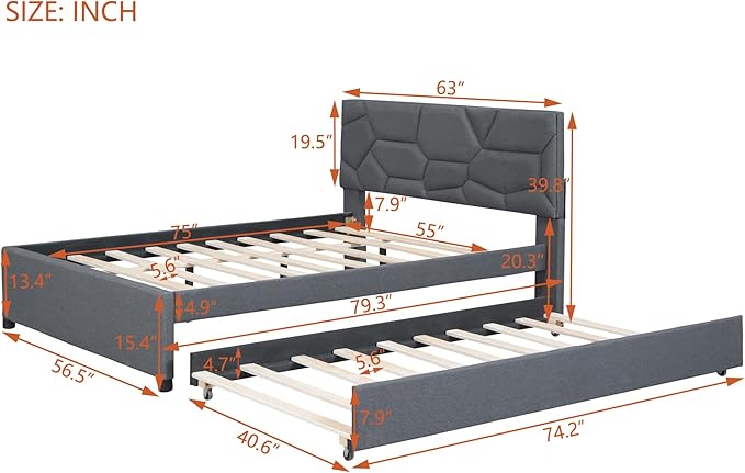 Full Size Bed Frame with Twin Size Trundle,Linen Upholstered Platform Bed Frame Full with Brick Pattern Headboard,Wood Slat Support Included,No Box Spring Needed,Easy Assembly,Gray