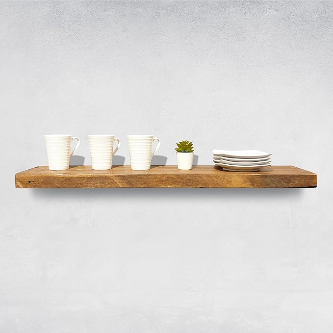 URBANDI, Rustic Floating Shelves, Set of 2, Hidden Bracket, Solid Wood, Heavy Duty, Wall Mounted Shelves, (Brown, 24Wx12D)