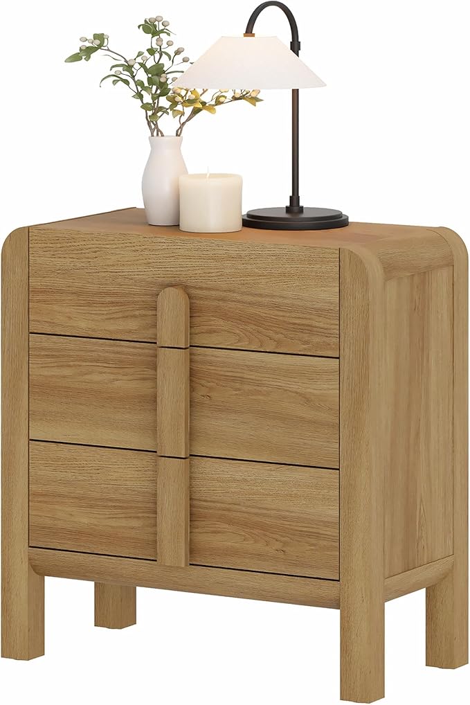 WAMPAT Modern 3 Drawer Nightstand, 31.5" Tall Nightstand with Large Chest of Drawers, Wooden Bedroom Dresser w/Curved Profile Design, End Table Bed Side Table for Bedroom, Living Room, Light Walnut