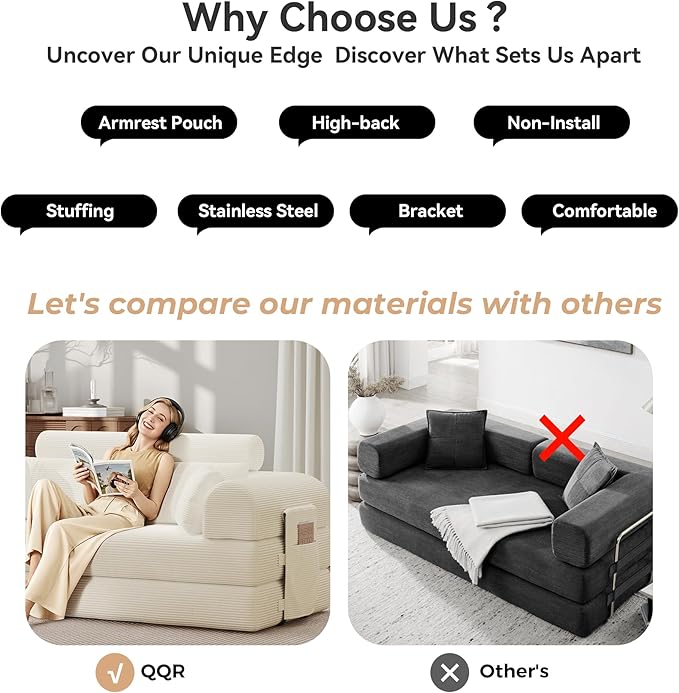 Upgrade High Backrest Design Sofa Bed with Fixed-Shape Frame & Removable Armrests and Backrest, 2 Corduroy Pillow, Convertible Mattress Couch for Small Spaces - No Assembly (High Backrest Beige)