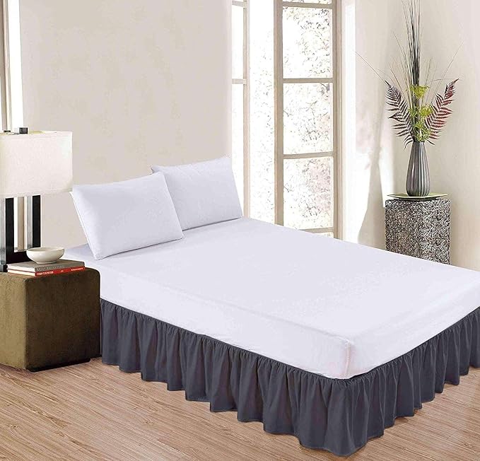 Dark Grey Solid Ruffled Bed Skirt Short Queen-14 Inch Drop Split Corner, Microfiber Bedskirt with Platform Three Sided Coverage