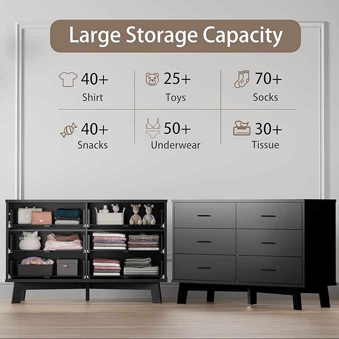 Dresser for Bedroom with 6 Drawer, Modern Chest of Drawers with X-Shaped Sturdy Base, Wide Wood Double Dresser Closet Clothes Storage Organizer, Wooden TV Stand for Living Room, Hallway, Black