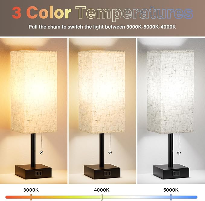 Bedside Table Lamps for Bedroom Set of 2 - Small Rectangular Nightstand Lamp with AC Outlet Charging Port, 3 Color Temperatures Desk Light with Bulb, Tabletop Reading Lamp for Living Room/Dorm/Office