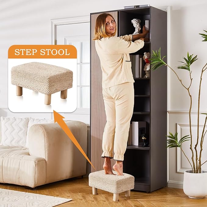 Wimarsbon Natural Seagrass Footstool Ottoman Rectangular Footrest Pouf Ottomans with Wooden Legs Hand Weave Step Stool for Living Room Bedroom Entryway Natural White