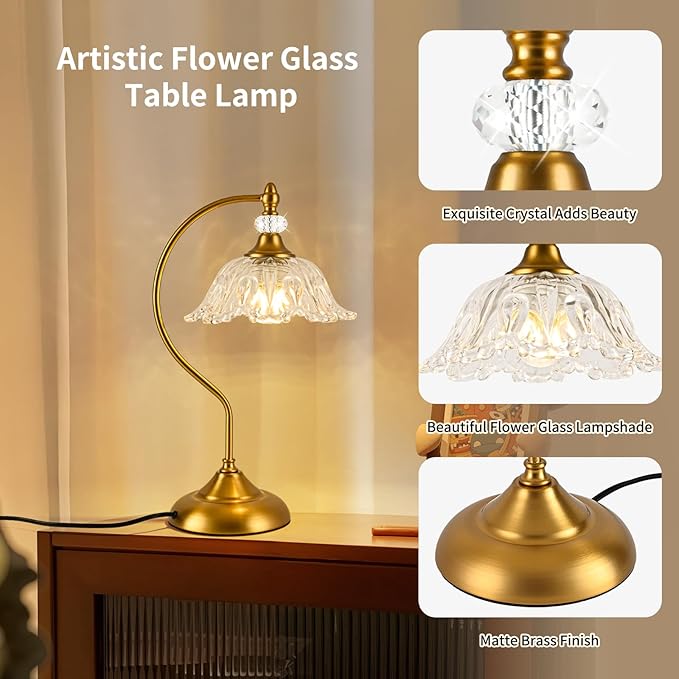 Vintage Table Lamp with a Floral Clear Glass Shade, A Plug-in Nightstand Lamp in Matte Brass Finish for Bedroom, Living Room,Office, and Desk