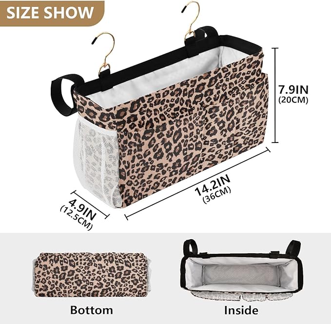 Bedside Caddy Hanging Bunk Bed Caddy Bed Organizer Hanging Pocket with 2 Hooks Bedside Storage Organizer Pocket Bag Holder Leopard Print Brown