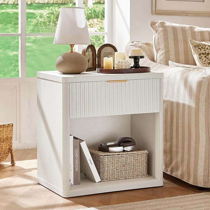 LEYAOYAO 48" Wide Fluted Dresser and 1 Drawers 23" Nightstand Set of 2, Wooden Dresser & Night Stand with Charging Station, 3 Piece Bedroom Furniture Set, Chest of Drawer for Living Room,Antique White