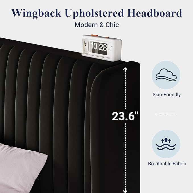 Allewie Queen Size Velvet Bed Frame/Vertical Channel Tufted Wingback Headboard/Upholstered Platform Bed/Strong Wooden Slats/No Box Spring Needed/Easy Assembly/Black