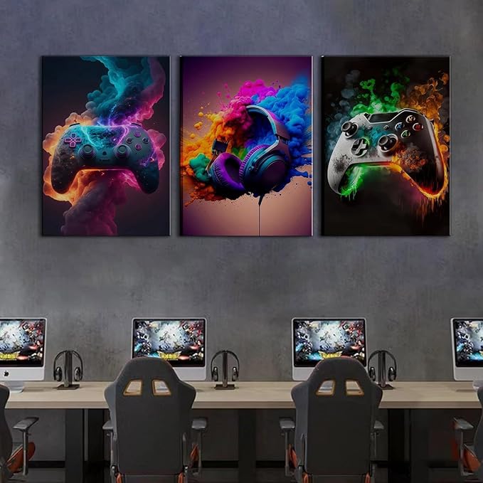 Gaming Room Decor Canvas Wall Art Set of 3 - Cool Video Gaming Theme Wall Decor, Gamer Paintings Picture Print for Teen Boys Room 16x24 inch Framed