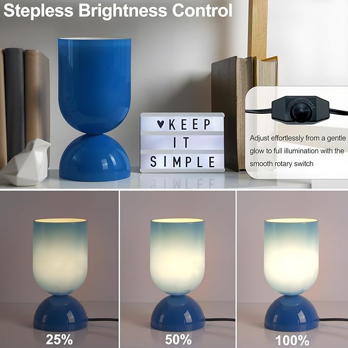 8.9" Modern Glass Table Lamp for Living Room, Dimmable Desk Lamps for Bedroom, UL Listed Nightstand Lamp with Dome Base, End Table Lamps for Home, Side Tables, College Dorm, Office, Glossy Blue