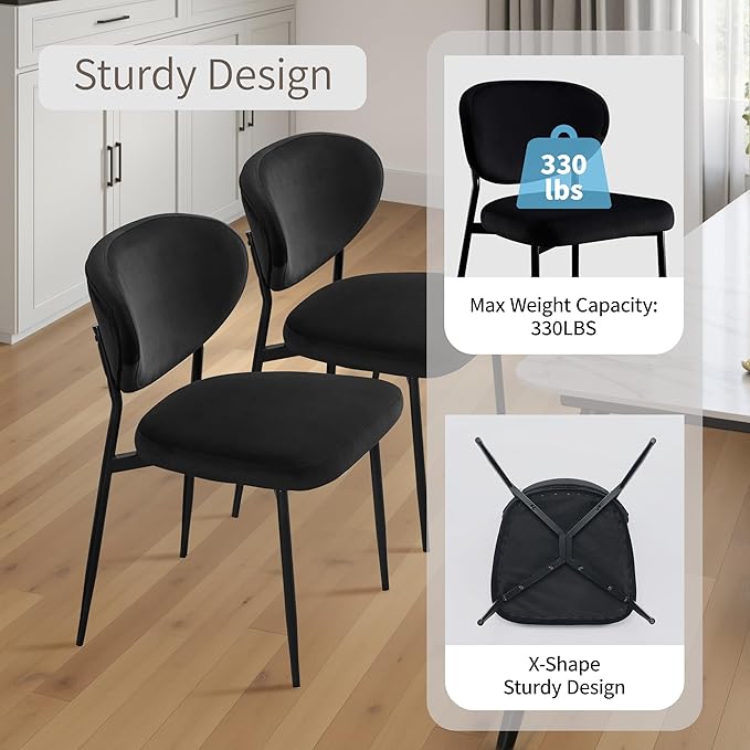 Black Dining Chairs Set of 2 Velvet Upholstered Dining Room Chairs Wide Seat Filled with 58D Memory Foam Modern Kitchen Chairs with Curved Back & Swivel Leveling Feet for Restaurant