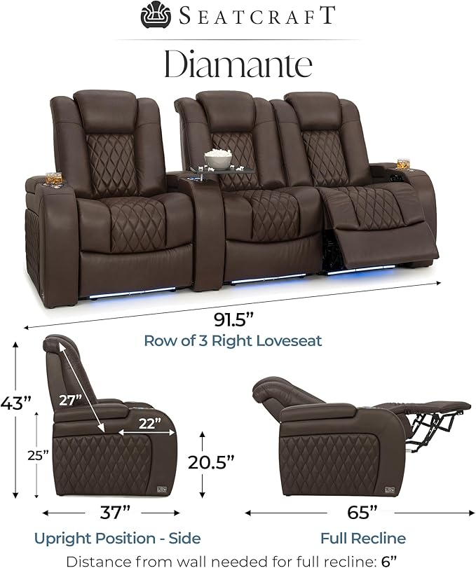 Seatcraft Diamante Zero-Gravity CoolZero Italian Leather Home Theater Seating, Power Headrest, Power Recline, Row of 3 Right Loveseat, Brown