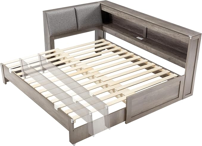Corner Bed Frame with Trundle and Bookcase Upholstered Headboard, 3-in-1 Twin Size Wood Daybed with Extendable Bed, LED Lights and Charging Station, for Bedroom, Guest Room, Grey
