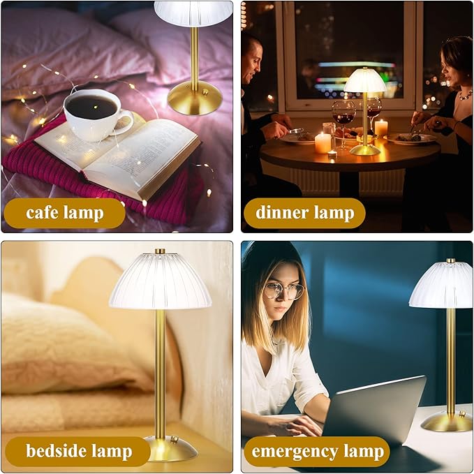 Liliful 4 Pcs Cordless Table Lamp Rechargeable Touch LED Small Gold Portable Battery Operated USB-c Desk Lamp 3 Color Dimmable for Bedroom Living Room Dining (Gold,Mushroom Style)
